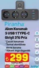 Piranha Akım Korumalı 3 USB 1 Type-C Girişli 3'lü Priz