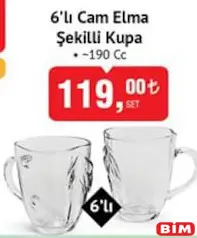 Glass in Love 6'lı Cam Elma Şekilli Kupa 190 cc