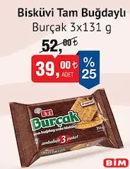 Eti Burçak Bisküvi Tam Buğdaylı 3x131 g