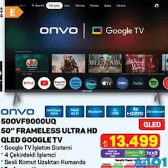 Onvo 500VF9000UQ 50 inç Frameless Ultra HD Qled Google Tv Akıllı Televizyon