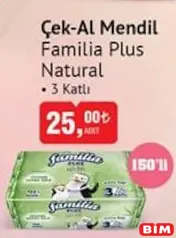 Familia Plus Natural Çek-Al Mendil 3 Katlı 150'li